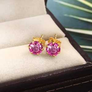 Boucles d'oreilles en saphir rose de Ceylan, en argent sterling 925, plaqué or 14 carats, clous ronds, bijoux fins pour femmes - Product Image 4