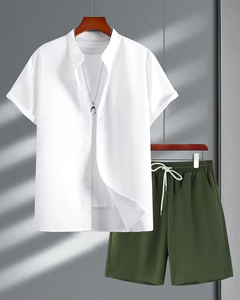 Men's Solid Color Short Sleeve Shirt Shorts Set Breathable Knitted Casual Summer Wear Quick Dry White Green Drawstring Pants - Product Image 1