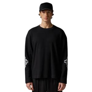T-shirt à manches longues en coton noir gaufré pour homme avec emblème imprimé, col rond, style décontracté streetwear, haut tendance - Product Image 6