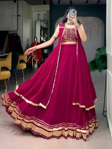 Conjunto de Lehenga de Seda Rosa Magenta Intenso con Bordado de Red, Traje Indio sin Coser, Dupatta sin Mangas, Largo hasta el Suelo, para Fiesta o Boda - Product Image 2