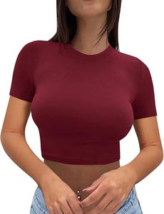 T-shirt court en jersey uni pour femme, style décontracté, doux, respirant, teinture unie, 180 g/m², col rond, élasthanne - Product Image 3