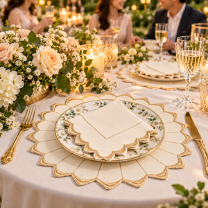 <b>Gold</b> Embroidered Natural Linen <b>Round</b> <b>Placemats</b> & Napkins Set Scalloped Edge Table Decor for Fine Dining & Weddings - Product Image 2