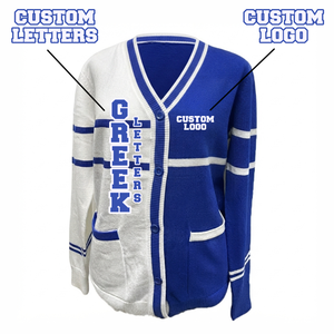 <b>Custom</b> Blue White Sorority V Neck Cardigan Sweater Women Knitwear Greek Letter Varsity Striped Button Front Logo Embroidery - Product Image 1