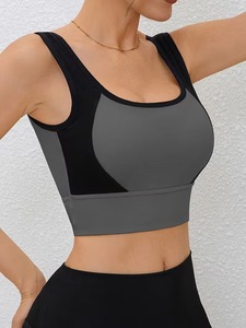 Women Contrast Panel Athletic Tank <b>Top</b> Built In Chest Pad Insert Ribbed Microfiber Yoga Exercise Gym <b>Crop</b> Bralette - Product Image 2