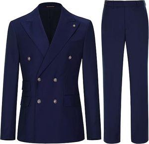 Men Double Breasted Navy Blue <b>Wool</b> Blend Suit Jacket <b>Pants</b> Set Business Formal Wear Anti-Wrinkle Notched Collar - Product Image 1