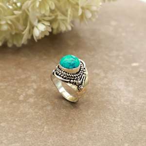 Brass S925 Sterling Silver Natural <b>Turquoise</b> <b>Ring</b> Handcrafted Vintage Boho Rope Border Statement <b>Ring</b> for Women - Product Image 4