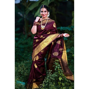 DESIGNER LICHI SOIE JAQUARD TRAVAIL DE Tissage SAREE AVEC BLOUSE NON COUSÉE MARRON - Product Image 4