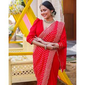 Sari en soie rouge profond avec broderie Gotta, infroissable, collection de créateur pour mariages, Diwali et fêtes, export. - Product Image 2