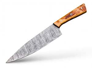 Couteau de Chef Artisanal en Acier Damas à Haute Teneur en Carbone de 8 Pouces, Manche en Bois d'Olivier, Manche Intégral, Mosaïque de Pins, pour Préparation Culinaire et Tranchage - Product Image 3