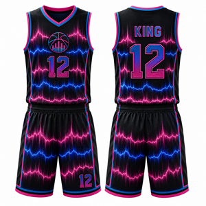 Uniforme de basketball colorblock personnalisé en gros avec empiècements côtelés aux côtés, bordure contrastante, design à rayures, imprimé géométrique et ourlet passepoilé - Product Image 1