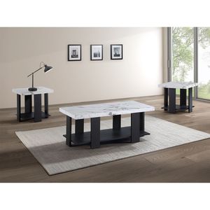 Set da Cocktail Grigio in 3 Pezzi, Tavolino da Caffè con Piano in Finto Marmo Bianco e Due Tavolini Abbinati, Arredamento in Legno per Soggiorno - Product Image 1