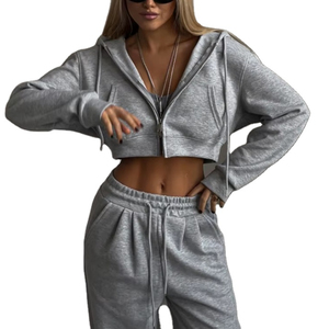 Custom <b>Women's</b> Cropped <b>Hoodie</b> Tracksuit <b>Zip</b> <b>Up</b> Sweatshirt Elastic Waist Pants Casual Loungewear Set - Product Image 2