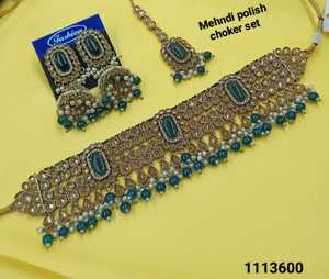 Antique Gold Mehndi Polish Jewelry <b>Set</b> 3 Pcs SeaGreen <b>Beads</b> Choker Necklace With Jhumka Maang Tikka Indian Wedding Jewelry Women - Product Image 5
