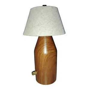 Midcentury Wooden <b>Table</b> Lamp <b>Beige</b> Linen Shade LED <b>Bedside</b> Desk Light Switch Control for Living Room Decor - Product Image 3