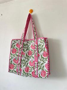 Luxury <b>White</b> Floral Quilted Cotton Tote <b>Bag</b> with <b>Hand</b> Block print Bohemian Style Open Casual Shopping Tote <b>Bag</b> for Women - Product Image 5