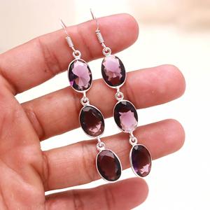 Natural Garnet Gemstone 925 <b>Sterling</b> <b>Silver</b> <b>Dangle</b> <b>Earrings</b>, Faceted Oval Triple Stone Drop <b>Earrings</b>, Handmade Jewelry for Women - Product Image 1