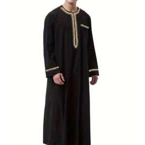 Túnica islámica de algodón 100% transpirable para hombre, estilo Thobe Jubbah, con bolsillo en el pecho, bordado negro liso y estampado de moda, tipo Abaya Thawb de Dubái. - Product Image 5