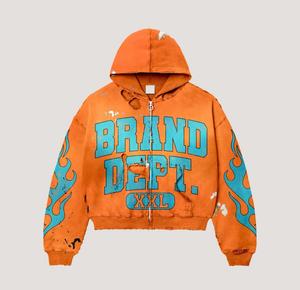 Oversized Zip Hoodie Unisex Streetwear Flame Print Cotton French Terry Hooded Sweatshirt Autumn Screen Printed Zipper Hoodies - Product Image 3