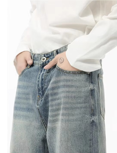 Jean décontracté pour homme, coupe droite ample, délavé, tendances actuelles pour le streetwear hip-hop - Pantalon large délavé et vieilli - Product Image 3