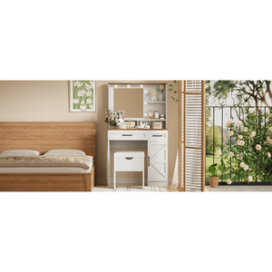 Juego de tocador de maquillaje blanco Farmhouse, 3 modos de iluminación, tocador ajustable, 2 cajones, taburete de gabinete lateral, luces de espejo de escritorio - Product Image 5