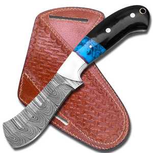 Couteau en acier Damas fait main sur mesure |   Couteau de chasse et de camping à lame fixe avec manche en turquoise et corne, étui en cuir gaufré - Product Image 1