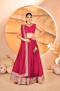 Pink Embroidered Lehenga Choli Set With Dupatta Traditional Indian Pakistani Women Wedding Outfit Floor-Length Polyester <b>Dress</b> - Product Image 3