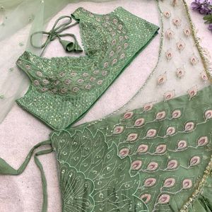 Premium Heavy Silk Ready-to-Wear Lehenga with Embroidery Sequence Butta, Attached <b>Net</b> Pallu & Embroidered Blouse - Product Image 5