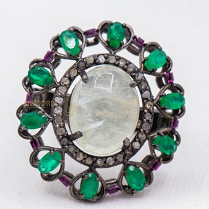 Wholesale 925 Solid Sterling Silver Natural White <b>Moonstone</b> Green Emerald Halo Oxidized Statement Ring Fine <b>Jewelry</b> - Product Image 4