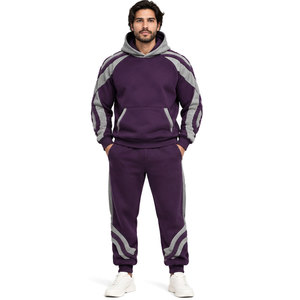 Conjunto Deportivo para Hombre con Capucha y Bloques de Color Morado y Gris, Sudadera Casual de Manga Larga y Pantalones con Bolsillos Laterales - Product Image 1