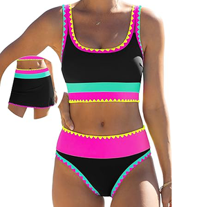 ชุดบิกินี่ลายดอกไม้สำหรับผู้หญิง แบบทูพีซ เอวสูง ท่อนบนแบบ Bandeau แต่งขอบตัดสี ผ้าสเตรช ทรงปกติ ด้านหน้า - Product Image 1