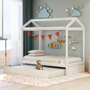 Letto per bambini bianco vecchio stile SKUSM000103AAK con letto estraibile decorabile - Product Image 1