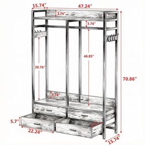 Armadio Industriale Aperto con Asta Appendiabiti da 47 Pollici, Ripiano Superiore, 4 Cassetti e Ganci - Product Image 6