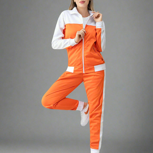 Chándal Deportivo Casual para Mujer, Color Naranja con Bloques de Color, Manga Larga, Cierre Frontal con Cremallera, Bolsillos Laterales, Temporada de Primavera - Product Image 1