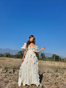 Women <b>Boho</b> White Maxi Dress Deep V-Neck Ruffle Sleeve Loose Fit Flowy Organic Cotton Eco-Friendly Summer Beach Party Dress - Product Image 2