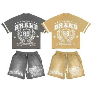 Ensemble short et t-shirt en coton épais pour homme, 2 pièces, tenue d'été confortable, style streetwear délavé, ensembles courts tendance - Product Image 1