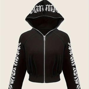 เสื้อฮู้ดครอปสีดำประดับเพชรแบบสั่งทำสำหรับผู้หญิง พร้อมตัวอักษรแบบสั่งทำบนแขนเสื้อ ดีไซน์โอเวอร์ไซส์ สไตล์สตรีทแวร์ ผ้าฝ้าย 100% แห้งเร็ว - Product Image 1