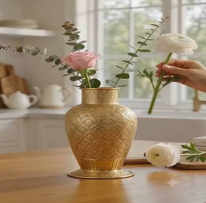 Elegante florero metálico con aspecto de cerámica en verde pastel, con un elegante borde dorado, disponible a precios de mayorista. - Product Image 3