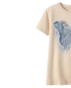 T-shirt en jean avec appliqué papillon pour femme, col rond en coton, manches courtes, décontracté, haut d'été, patchwork effiloché, graphique, logo personnalisé - Product Image 3
