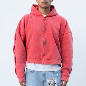 Nouveautés – Sweat-shirt à capuche zippé surdimensionné personnalisé pour homme, couleur rouge corail unie, en coton French Terry, coupe courte, idéal pour l'automne - Product Image 1