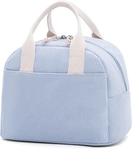 Sac à déjeuner isotherme bleu ciel pour femme, élégant sac fourre-tout en velours côtelé avec doublure en aluminium, glacière réutilisable grande capacité pour le travail - Product Image 2