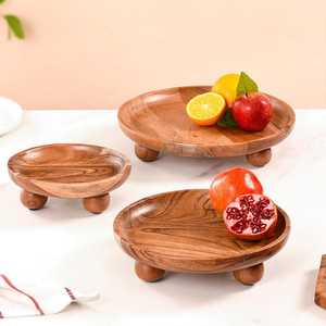 Plateau décoratif en bois d'acacia poli pour salades de fruits, collations ou fruits secs, thé, café, plateau de service rond en bois - Product Image 1