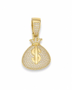 18K Solid Gold Money Bag Pendant With Diamond Micro Insert Hiphop Style Men's Necklace Round Brilliant Cut Diamonds - Product Image 1