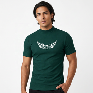 T-shirt à col roulé vert foncé pour homme avec logo R ailé blanc, manches courtes, coupe ajustée, décontracté, en jersey de coton respirant, imprimé sur le devant - Product Image 6