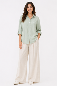 Camisa de algodón con botones, color sólido, para mujer, cuello vuelto, manga tres cuartos, corte holgado, informal, para uso diario, personalizada - Product Image 4