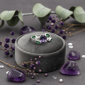 แหวนเงินชุบประดับพลอยสีม่วงอะเมทิสต์และมรกตสังเคราะห์ทรงรีมาร์คีส์ สไตล์โบฮีเมียน ทำมือ - Product Image 1