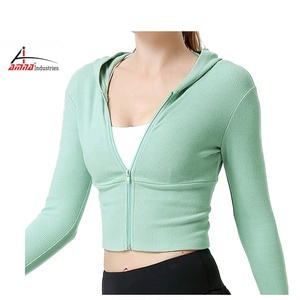 SizeCrop-Top corto con cordón para mujer, conjunto de Sudadera con capucha y manga larga para Fitness, venta al por mayor, Primavera - Product Image 1