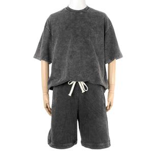 Ensemble T-shirt et short d'hiver unisexe surdimensionné en velours délavé à l'acide de haute qualité pour hommes - Product Image 1