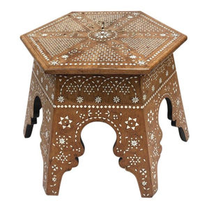 Table d'appoint marocaine artisanale en bois avec incrustation de nacre, élégante table d'appoint carrée à mosaïque florale, mobilier à prix avantageux - Product Image 3