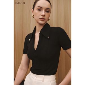 Wholesale Vietnam Women's Black Zip Collar T Shirt Short Sleeve Pullover Slim Fit Casual Summer <b>Top</b> OEM ODM service [A8007] - Product Image 4