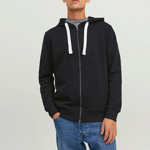 Sudadera con capucha negra para hombre, corte ajustado, con cremallera completa, informal, mezcla de algodón, ligera, estilo urbano. - Product Image 4